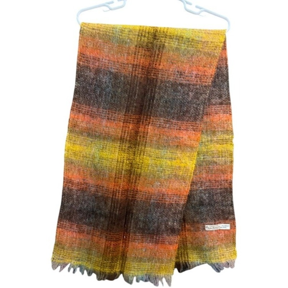 Archie Brown & Son Vintage Mohair Wool Scarf Orange Yellow Striped Made in UK